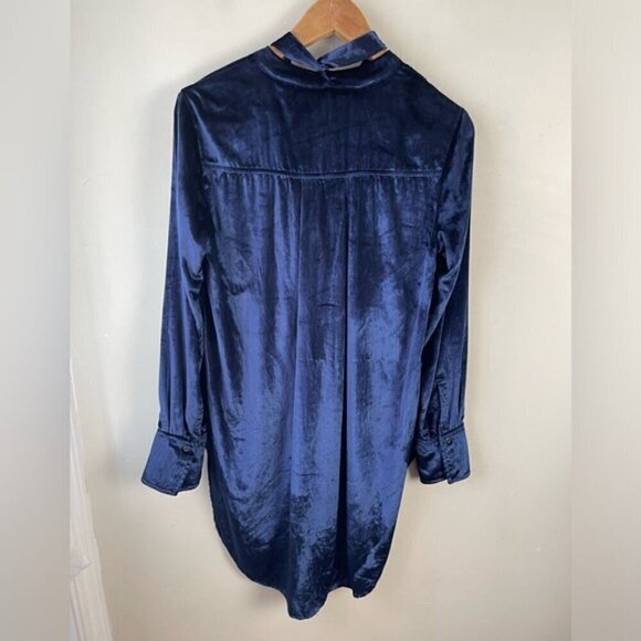 Anthropologie Maeve Blue Velvet Tie-Neck Button-down Tunic Sz US 2 Elegant - Picture 3 of 13